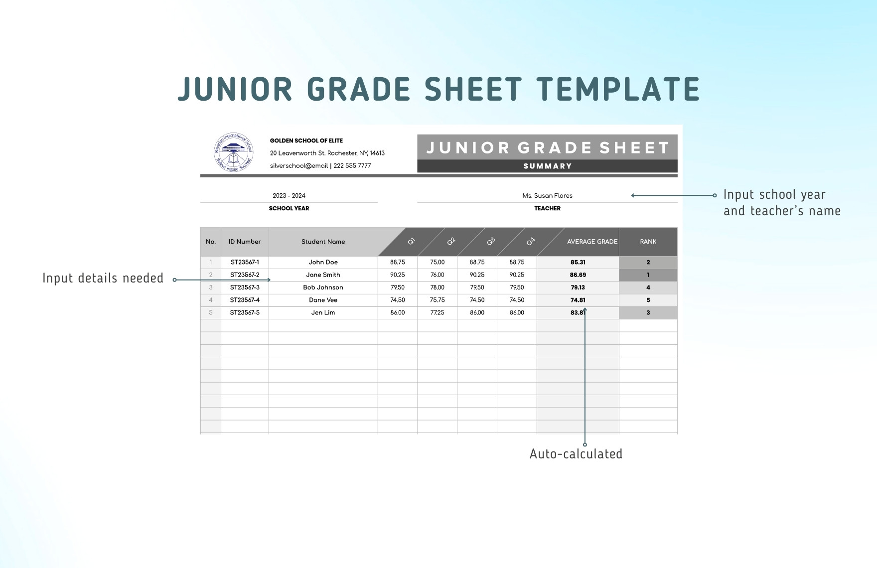 Junior Grade Sheet Template