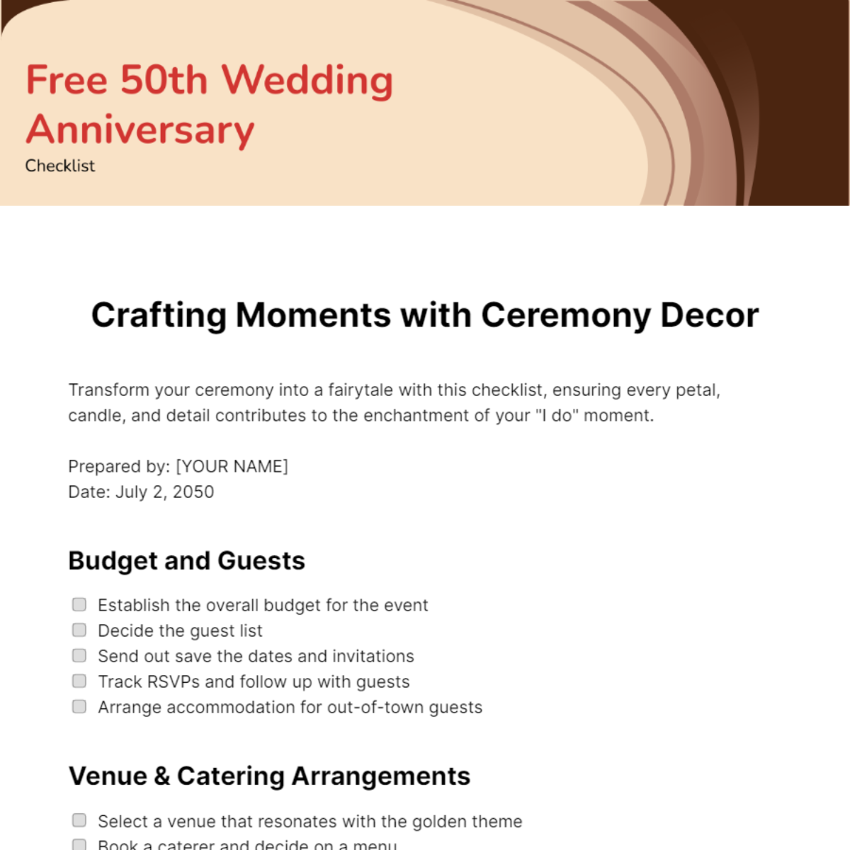 50th Wedding Anniversary Checklist Template