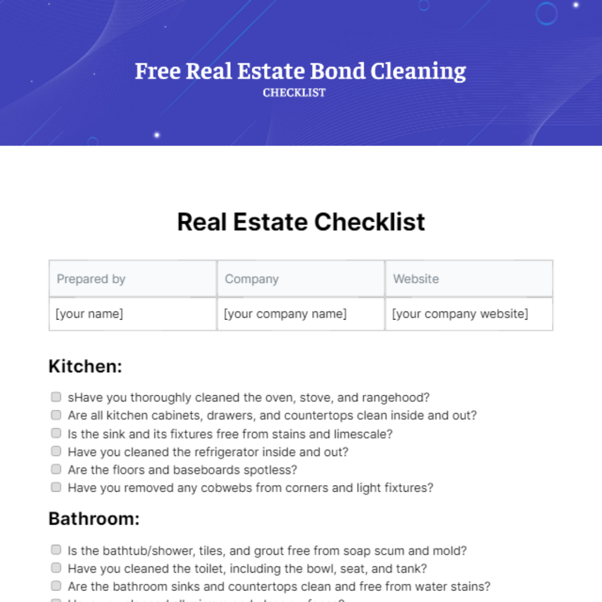 Real Estate Bond Cleaning Checklist Template