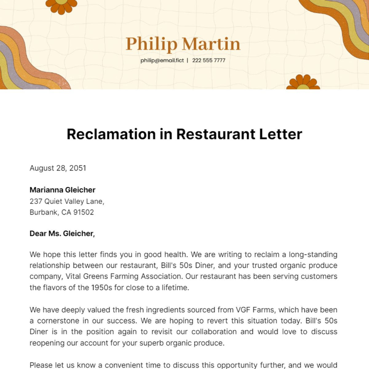 Free Reclamation in Restaurant Letter Template