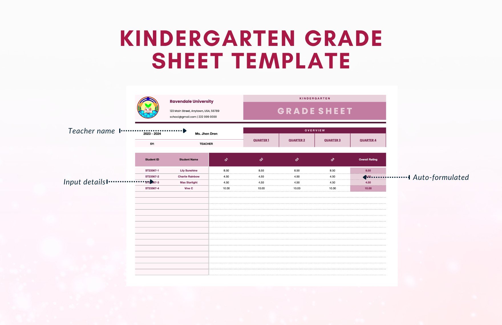 Kindergarten Grade Sheet Template