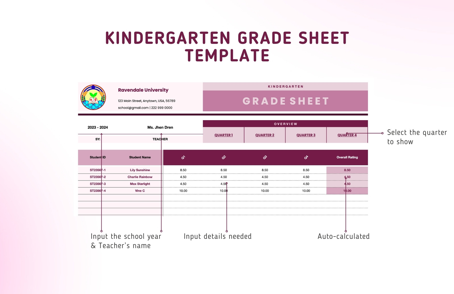 Kindergarten Grade Sheet Template