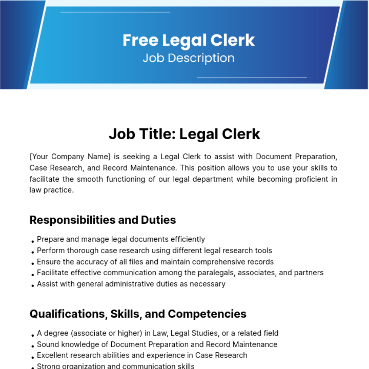Legal Job Description Template