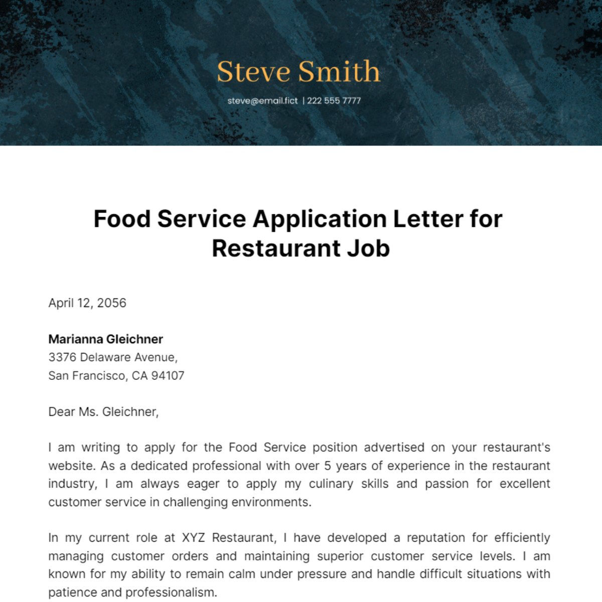 Food Service Application Letter for Restaurant Job Template