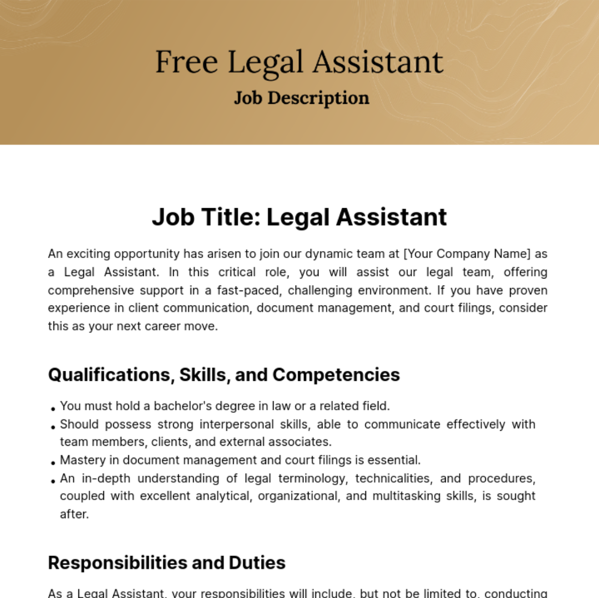 Free Legal Assistant Job Description Template