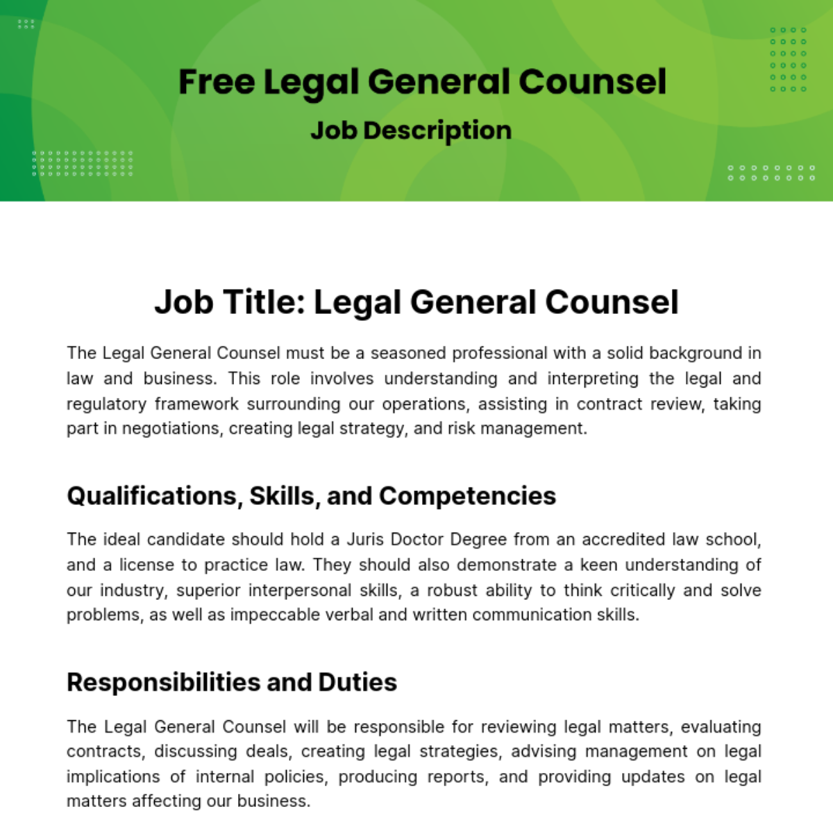 Legal General Counsel Job Description Template
