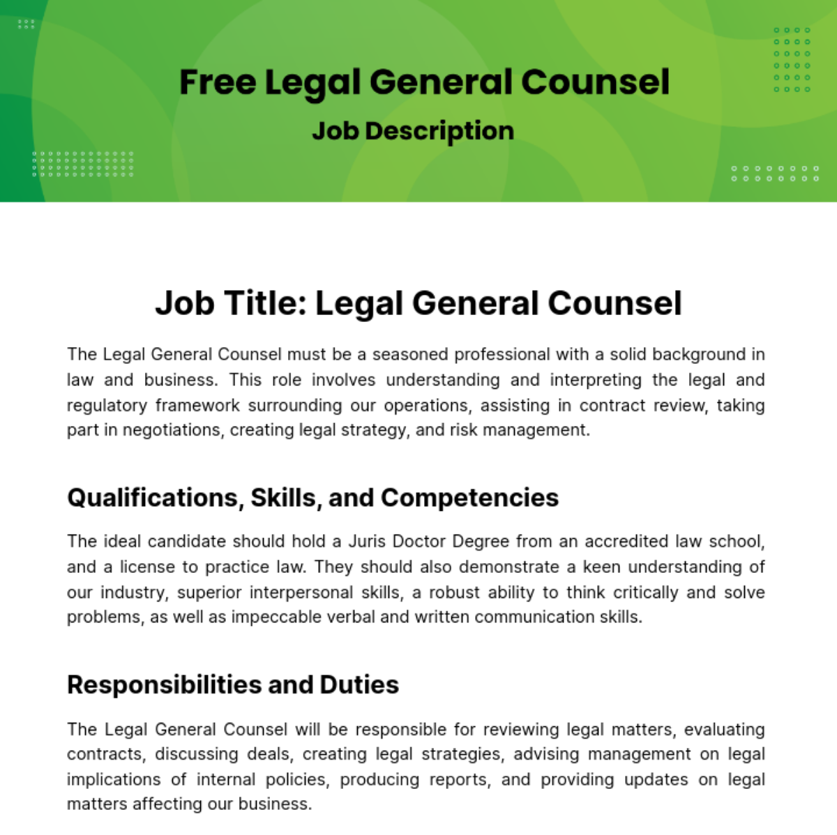 Legal General Counsel Job Description Template - Edit Online & Download