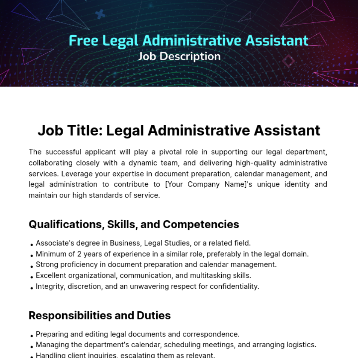 Free Legal Administrative Assistat Job Description Template