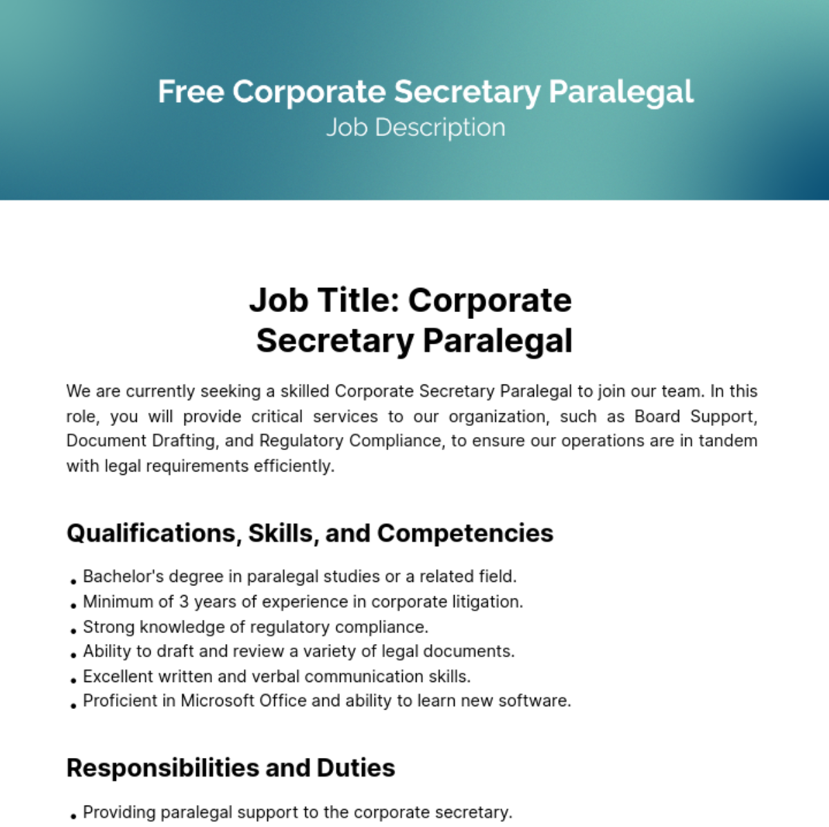 Free Corporate Secretary Paralegal Job Description Template