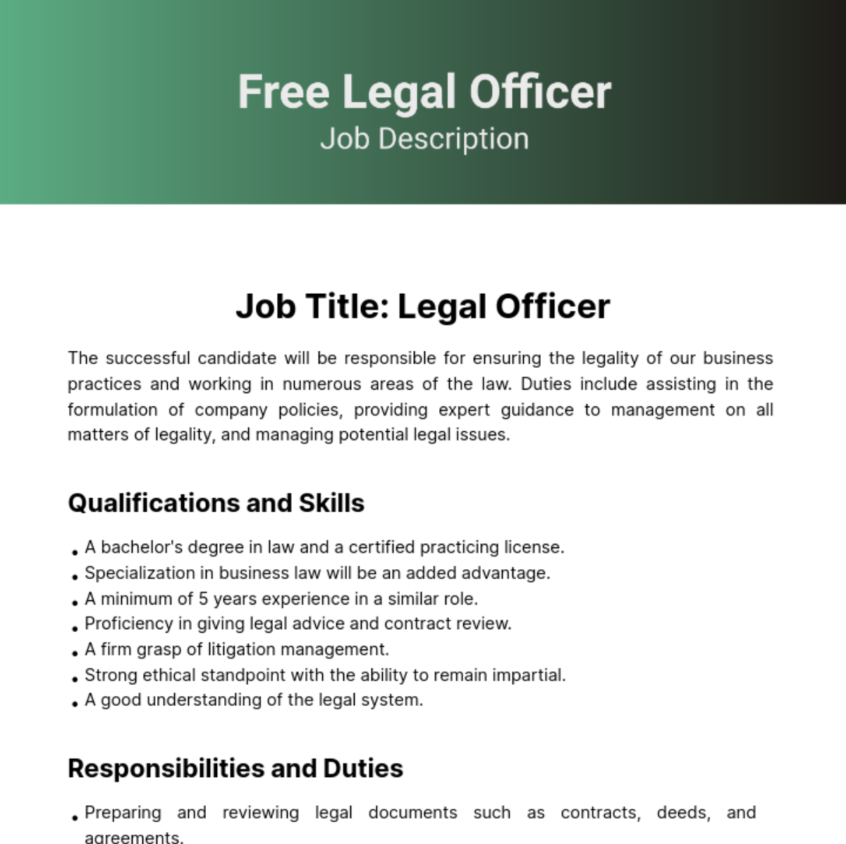 Legal Officer Job Description Template