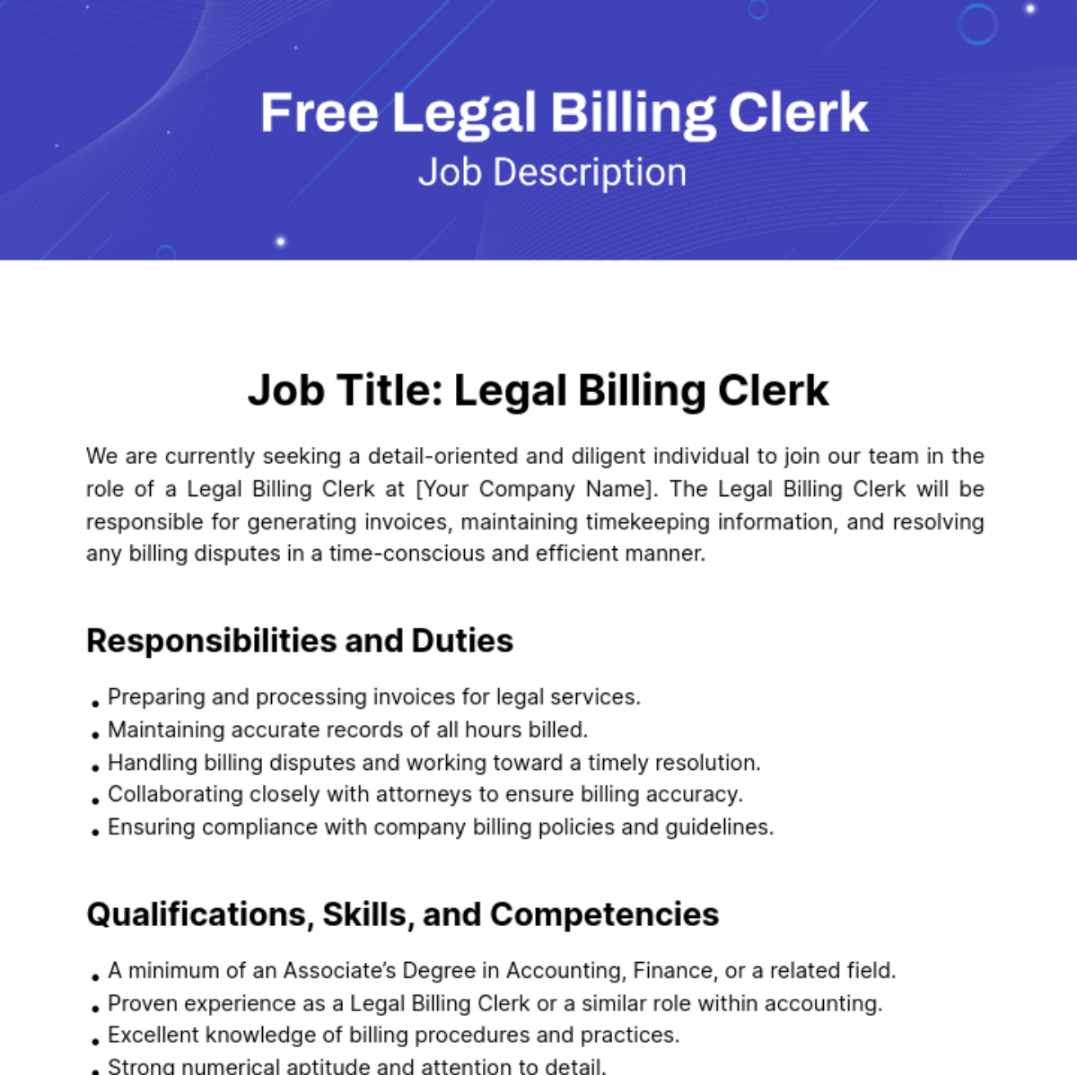 Legal Billing Clerk Job Description Template
