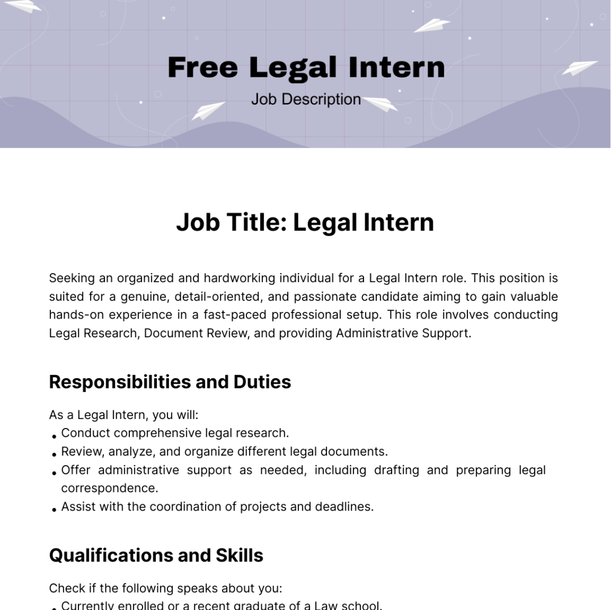 Free Legal Intern Job Description Template