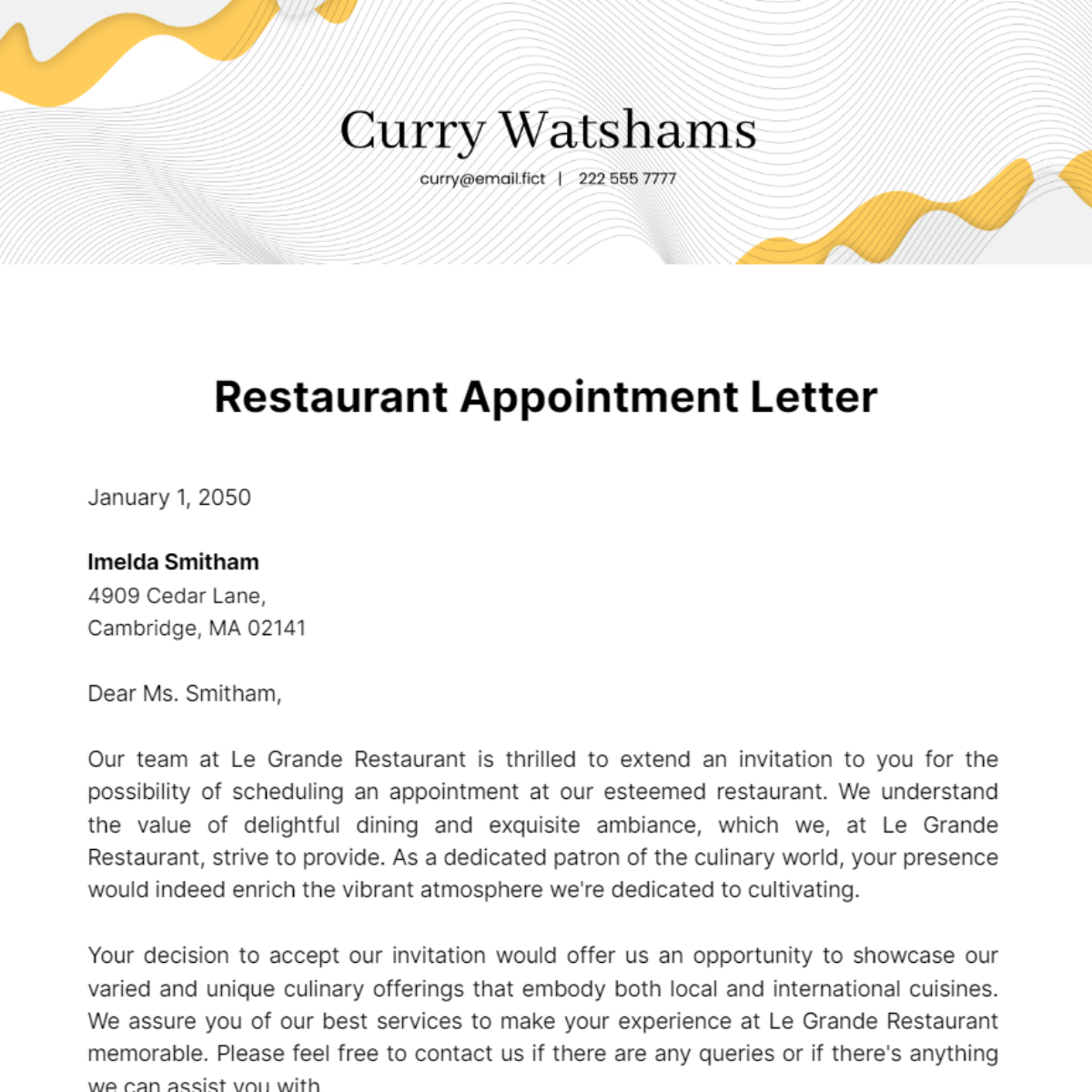 Restaurant Appointment Letter Template