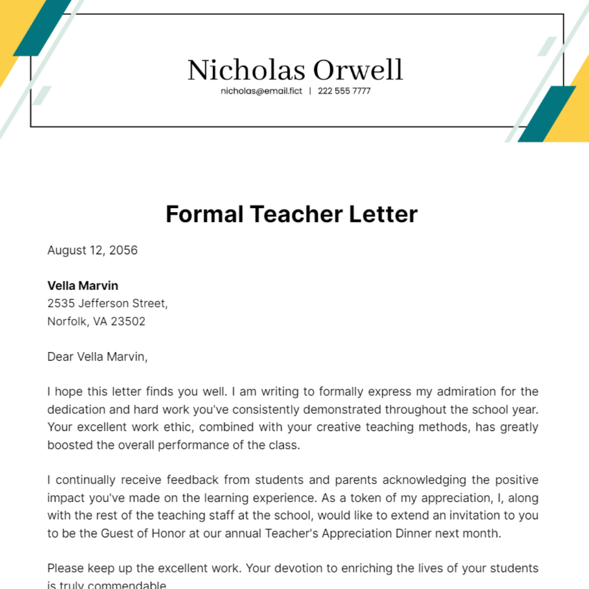 Formal  Teacher Letter Template