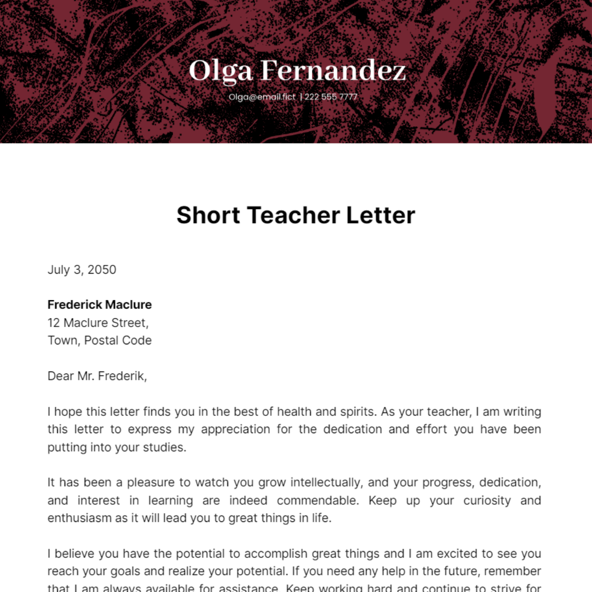 Short Teacher Letter Template