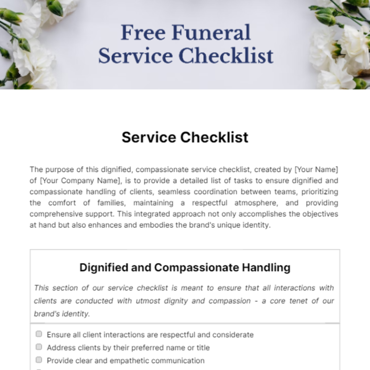 Free Funeral Service Checklist Template