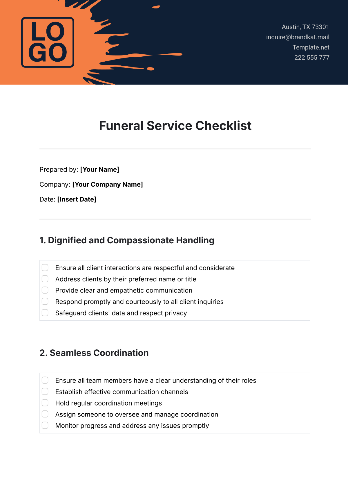 Funeral Service Checklist Template - Edit Online & Download