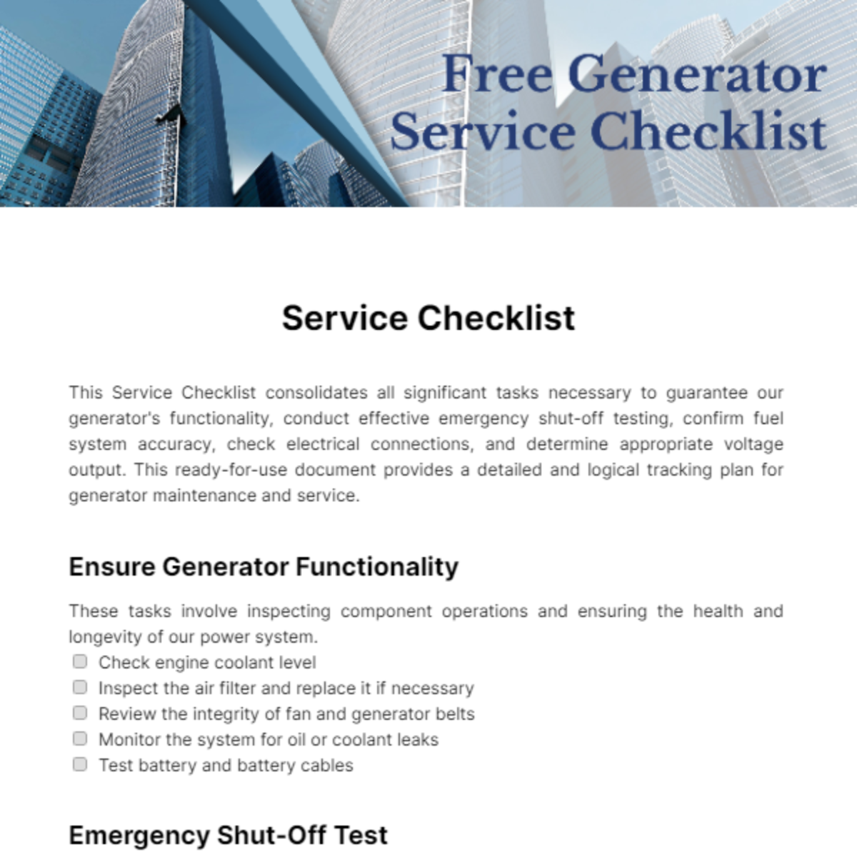 Free Generator Service Checklist Template