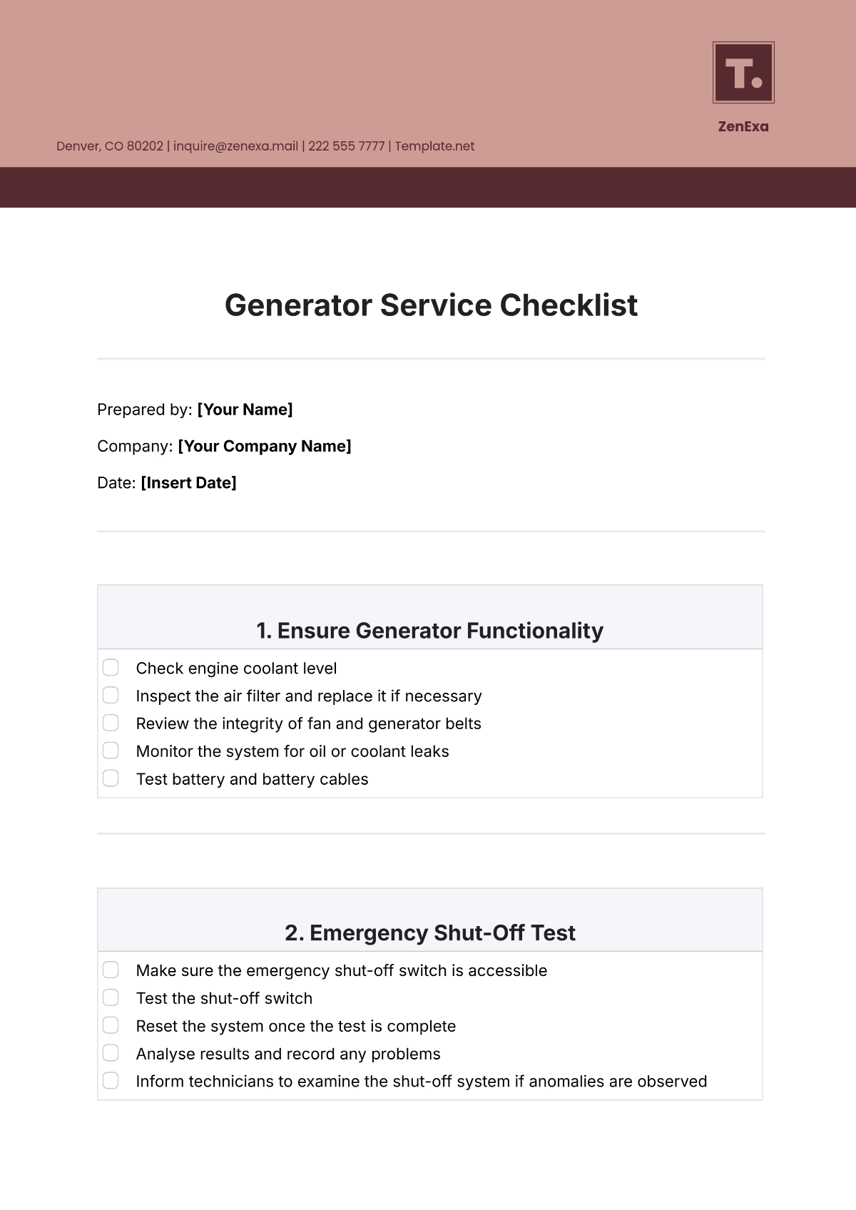 Generator Service Checklist Template - Edit Online & Download