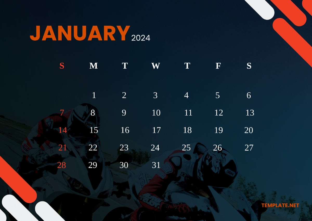 Racing January Calendar 2024 Template