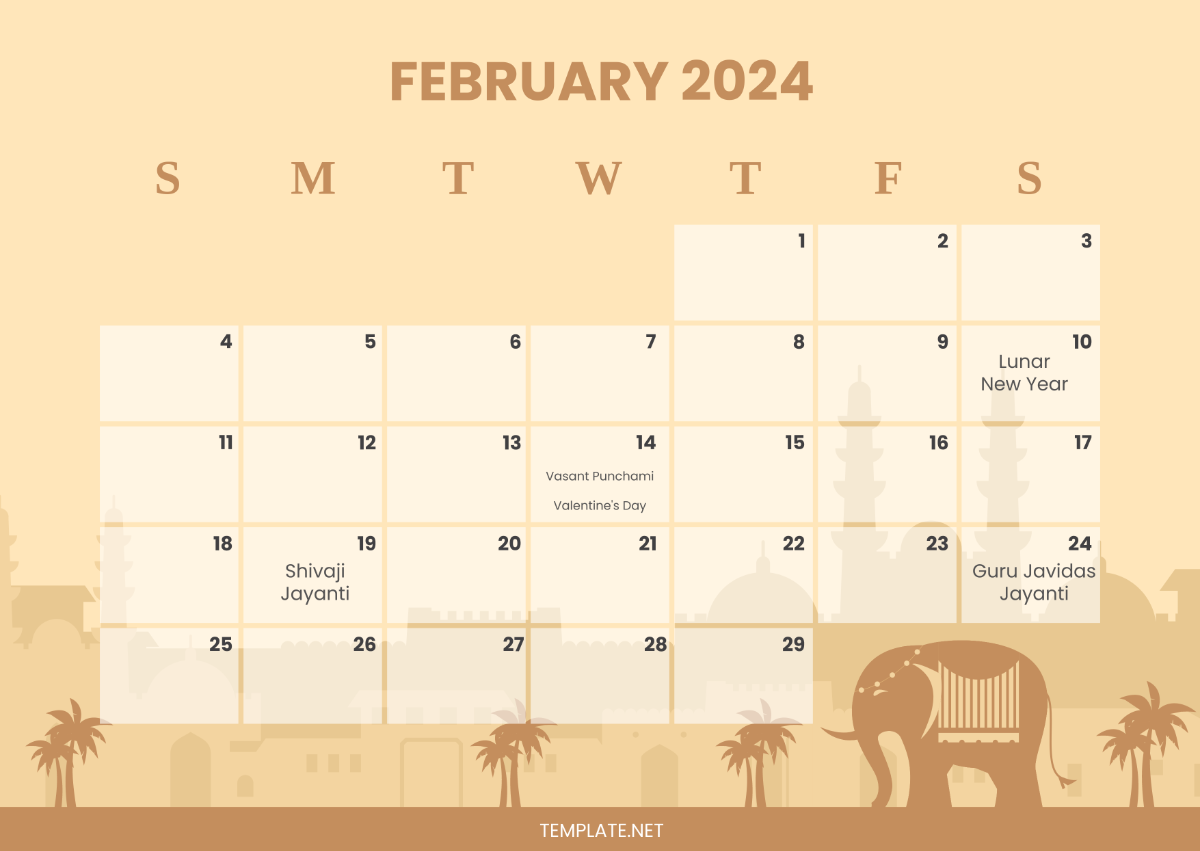 February 2024 Calendar with Holidays India Template