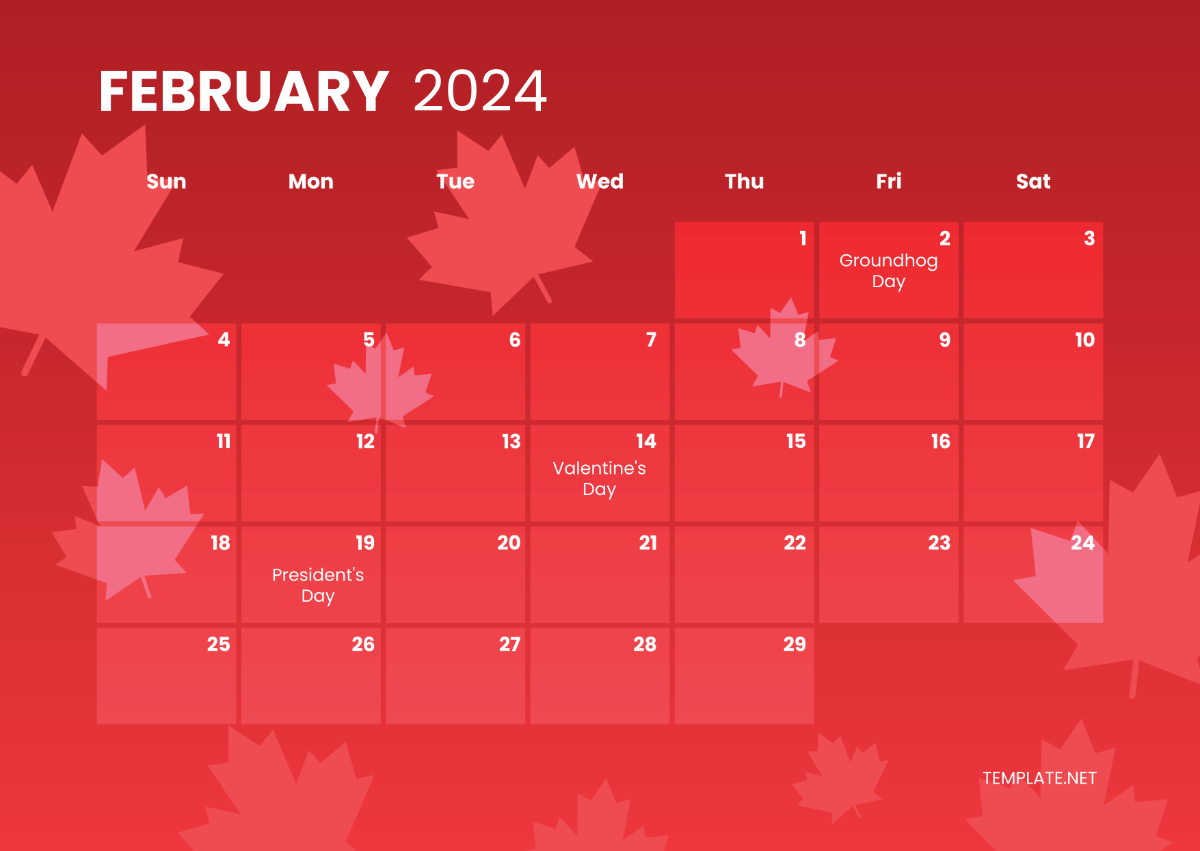 Free February 2024 Calendar with Holidays Canada Template