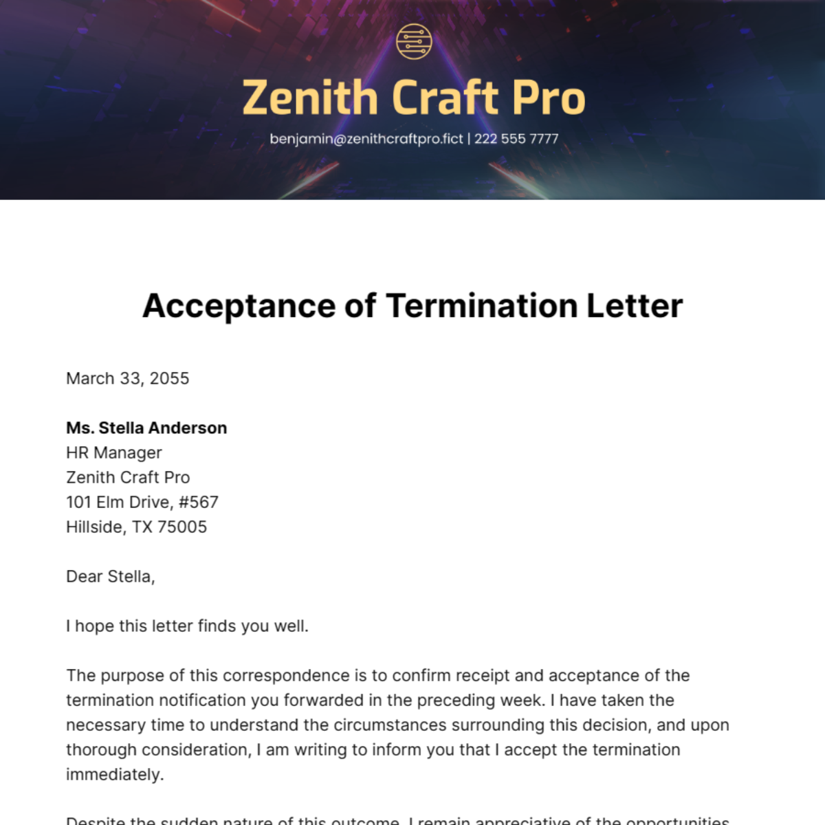 Acceptance of Termination Letter Template