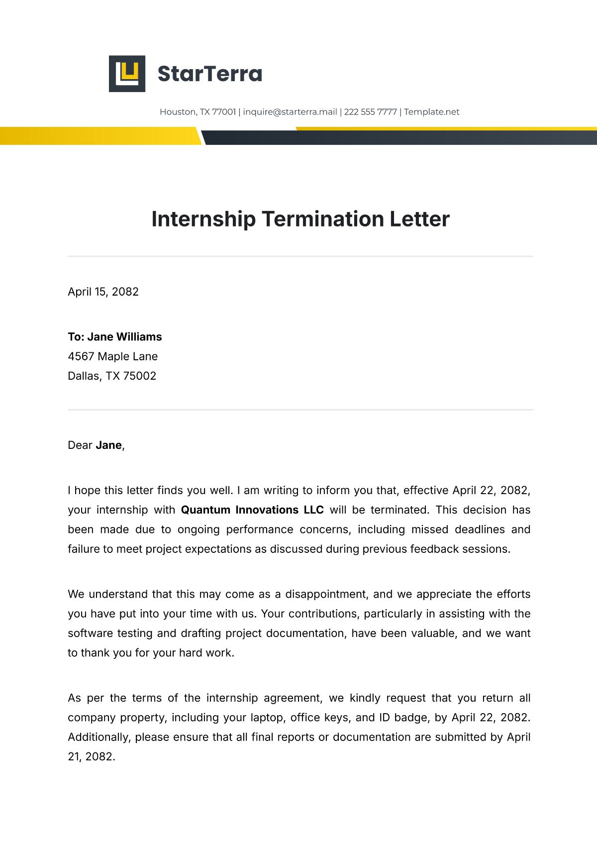 Internship Termination Letter Template - Edit Online & Download