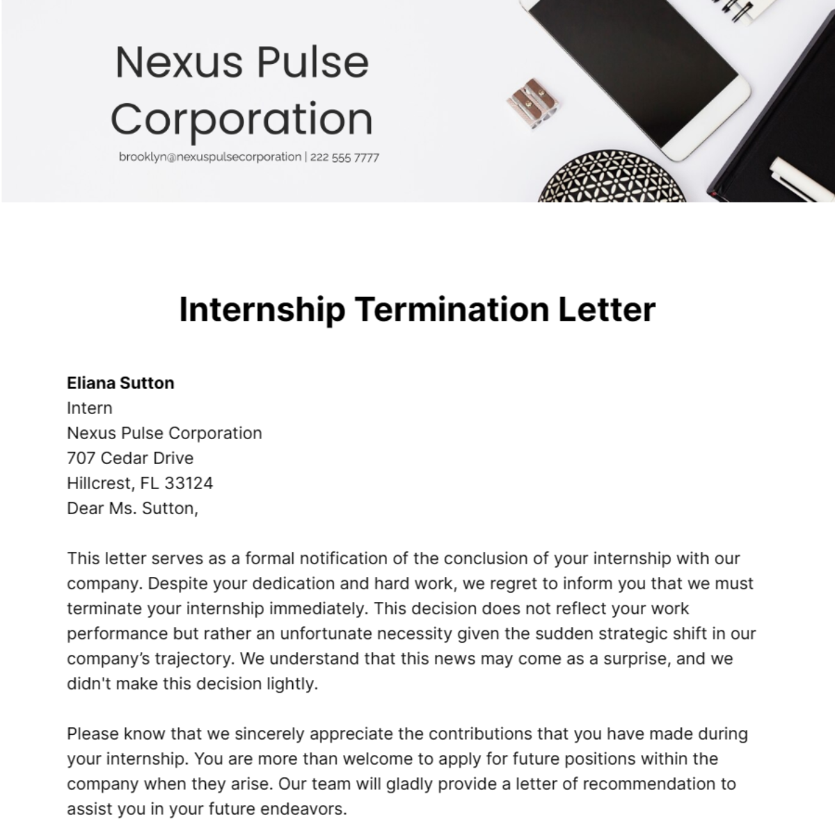 Internship Termination Letter Template