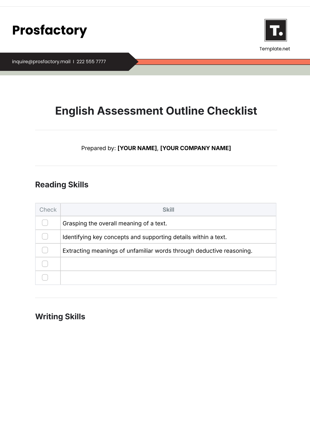 Free English Assessment Outline Checklist Template