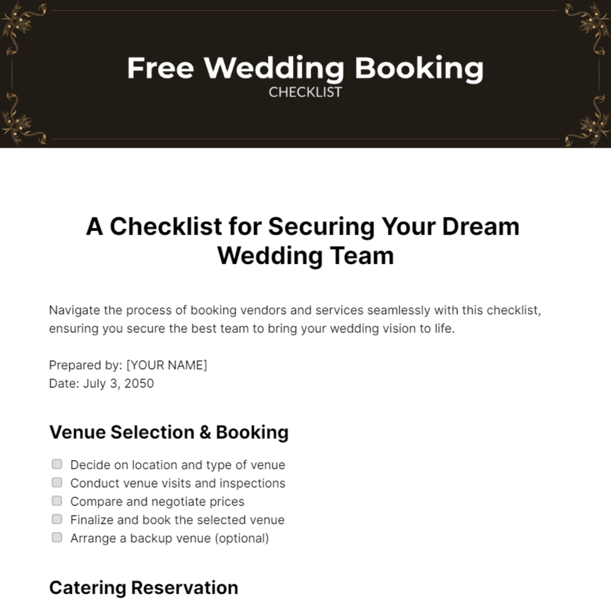 Wedding Booking Checklist Template