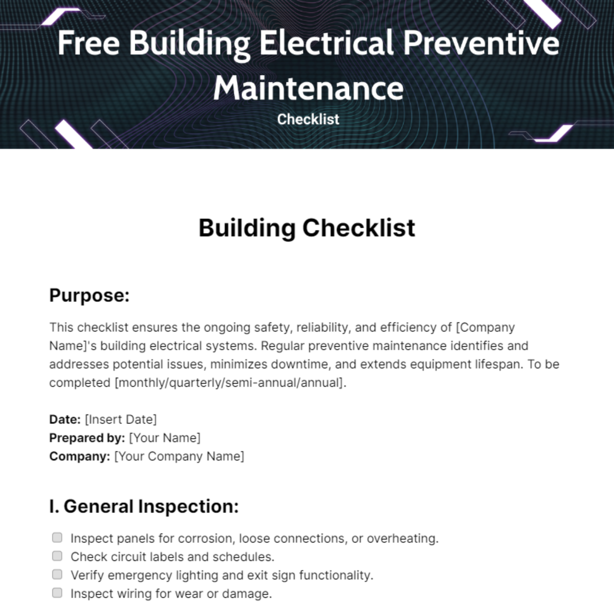Free Building Electrical Preventive Maintenance Checklist Template