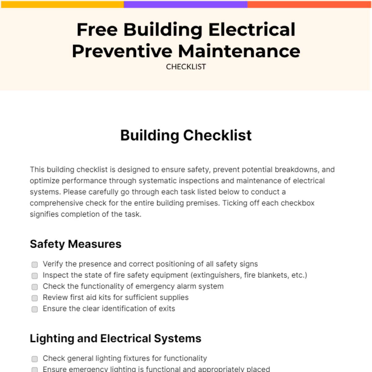 Building Electrical Preventive Maintenance Checklist Template Edit