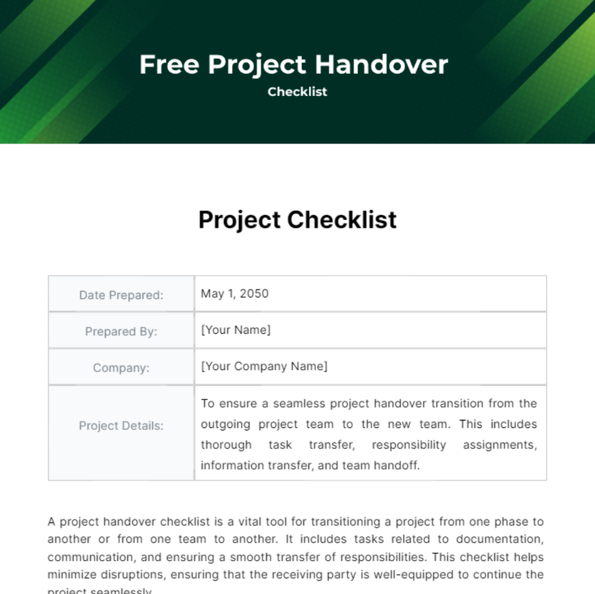 Project Handover Checklist Template