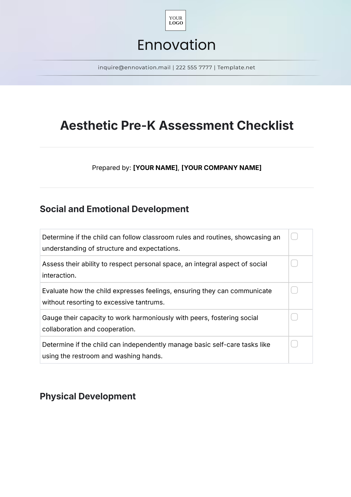 Free Aesthetic Pre K Assessment Checklist Template