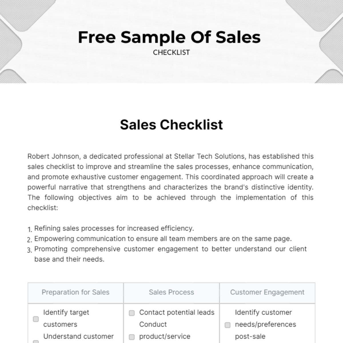 Sample Of Sales Checklist Template