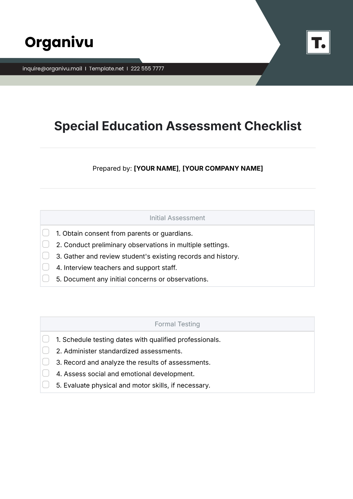 Free Special Education Assessment Checklist Template