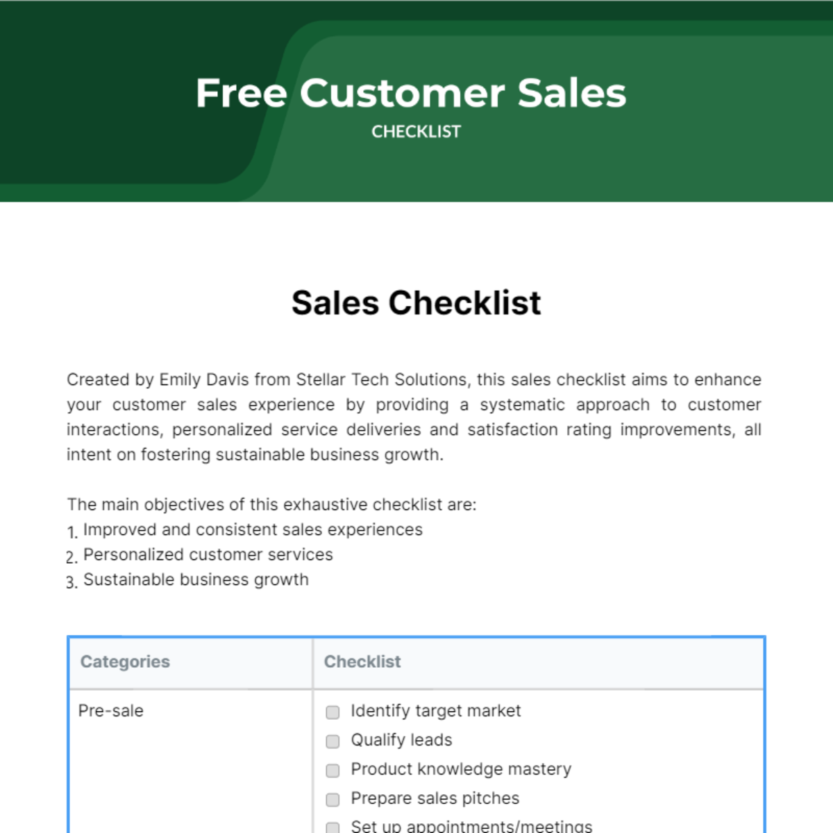 Customer Sales Checklist Template
