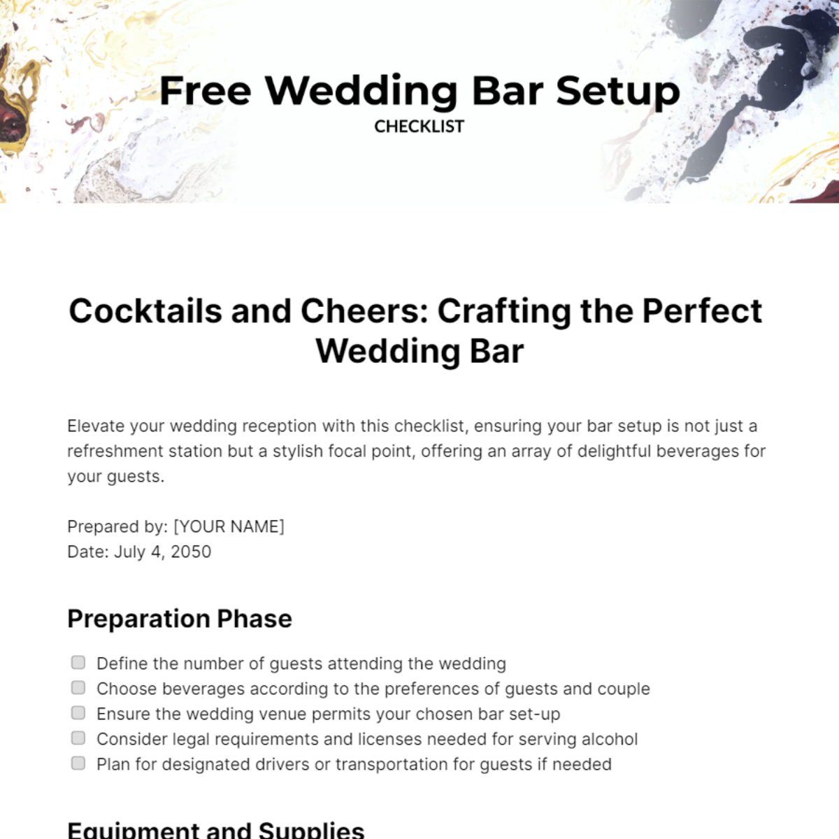 Wedding Bar Setup Checklist Template