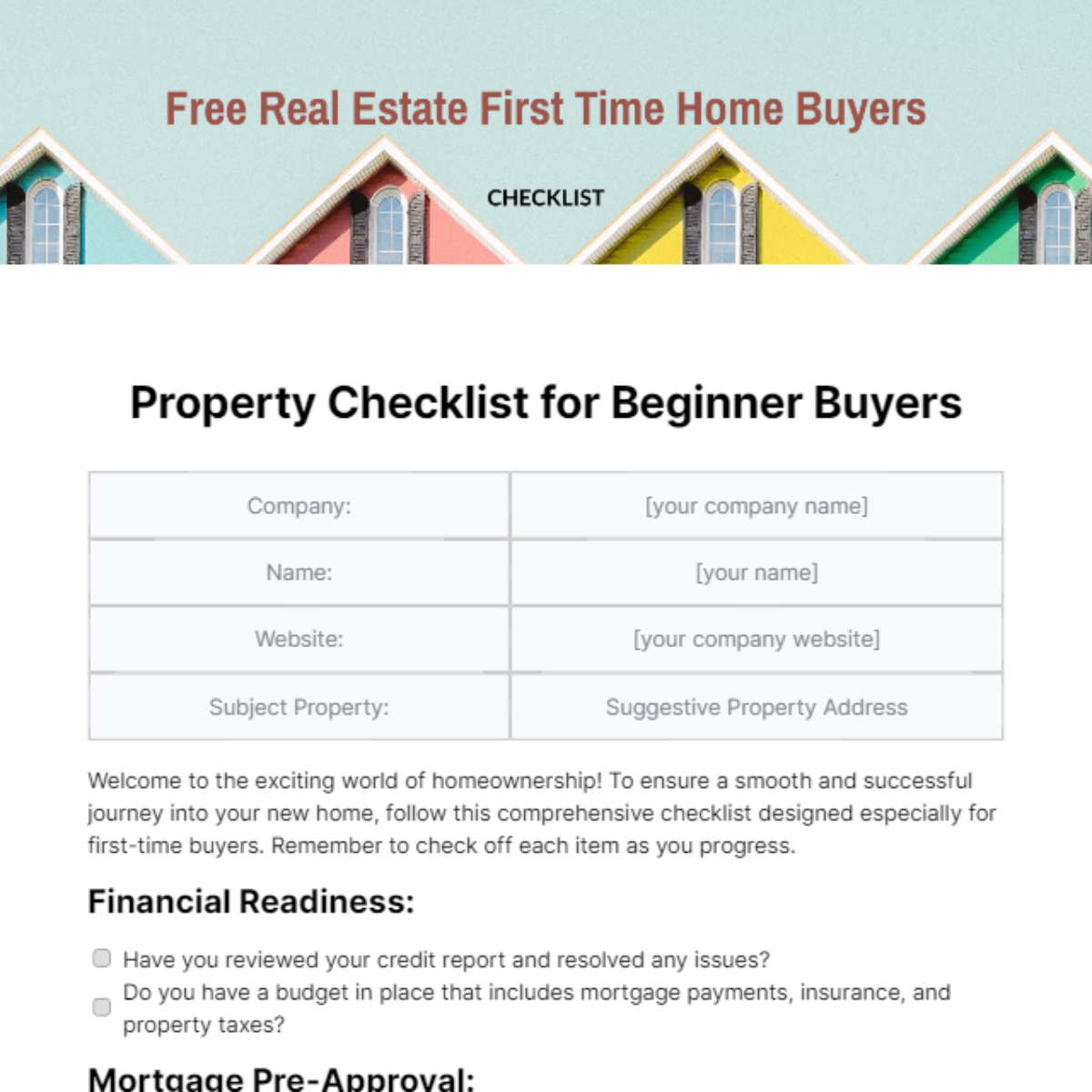 Real Estate First Time Home Buyers Checklist Template