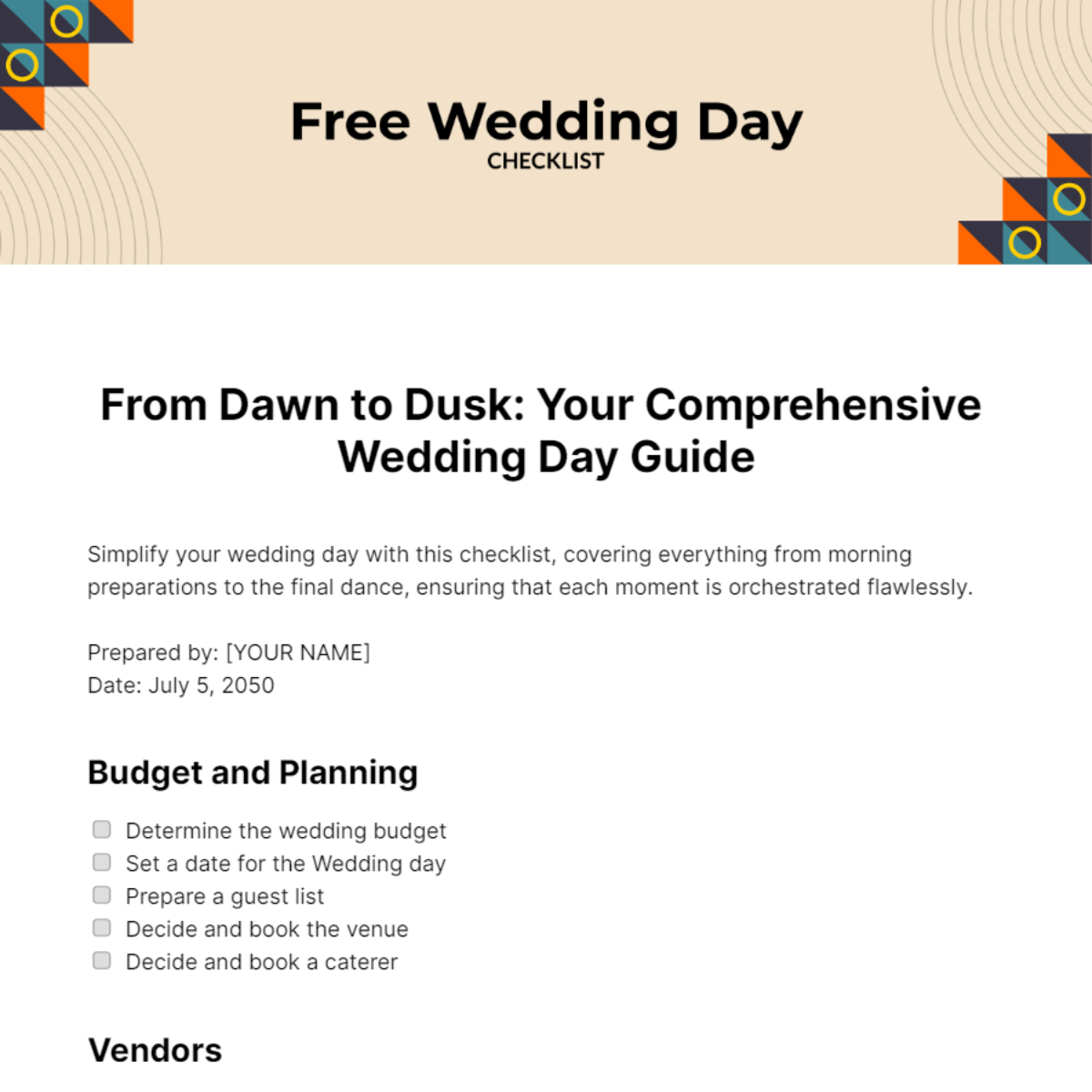 Wedding Day Checklist Template
