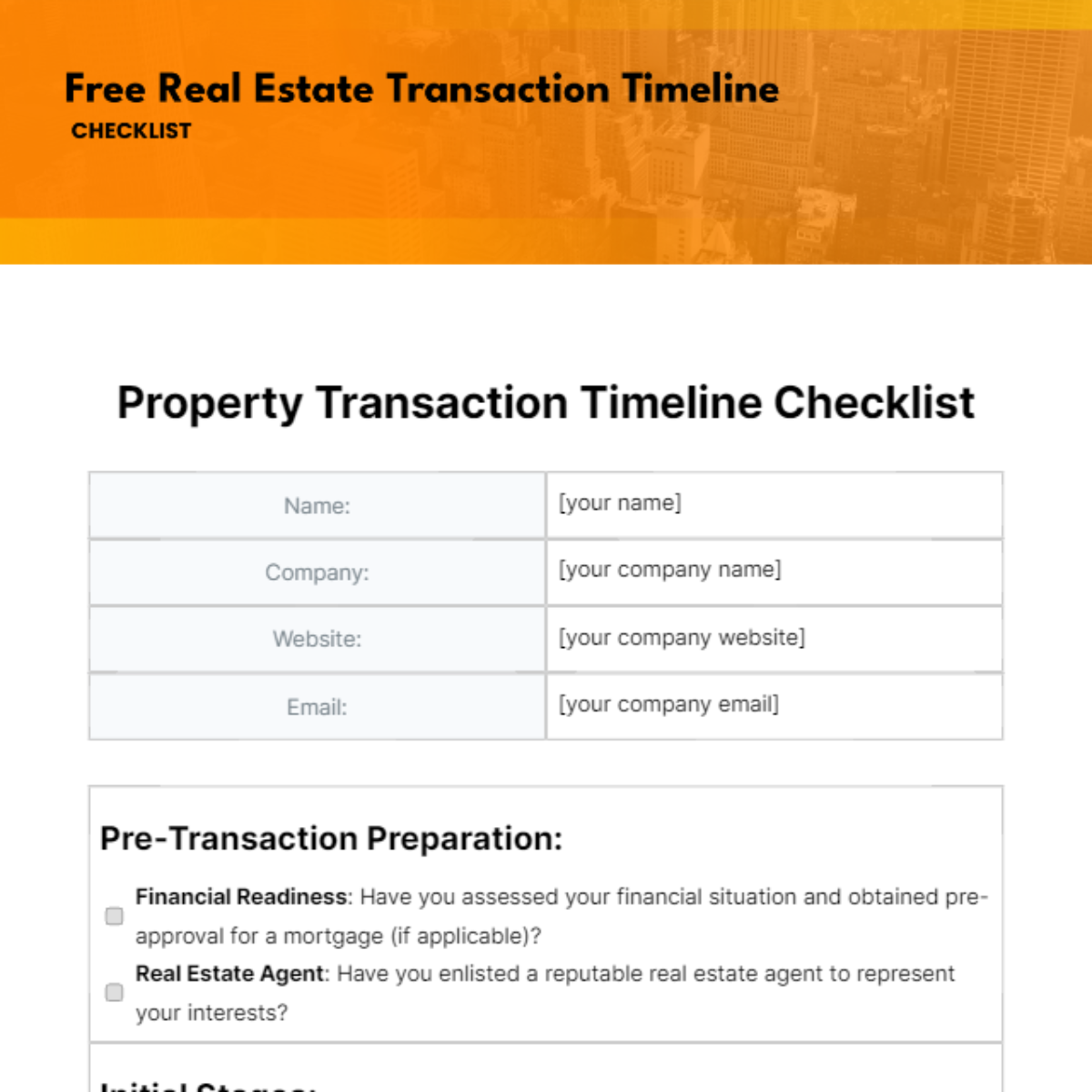 Real Estate Transaction Timeline Checklist Template