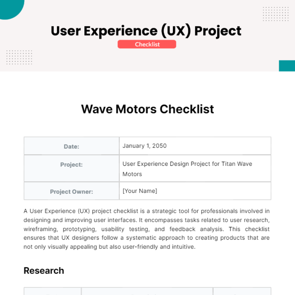 User Experience (UX) Project Checklist Template