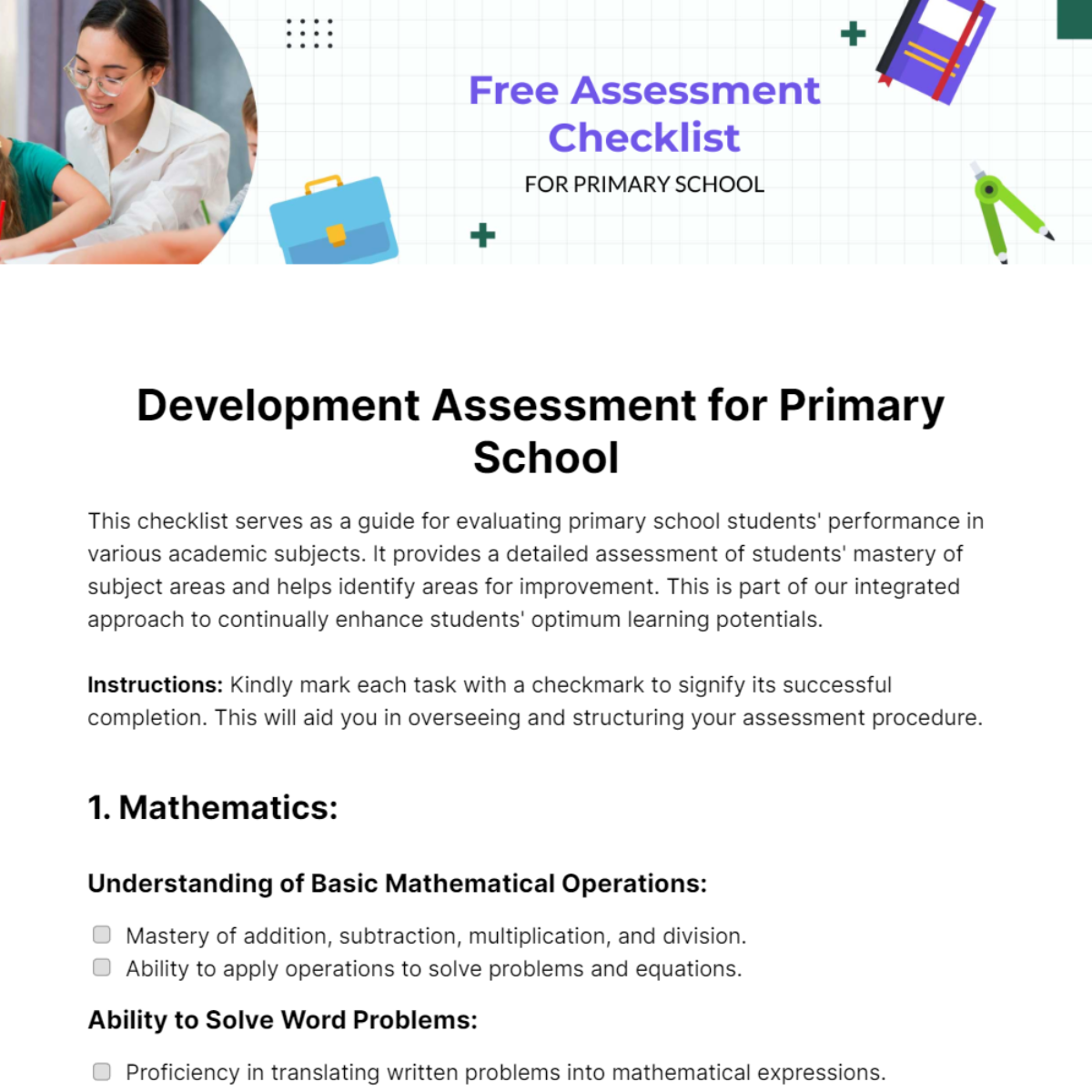 Assessment Checklist for Primary School Template