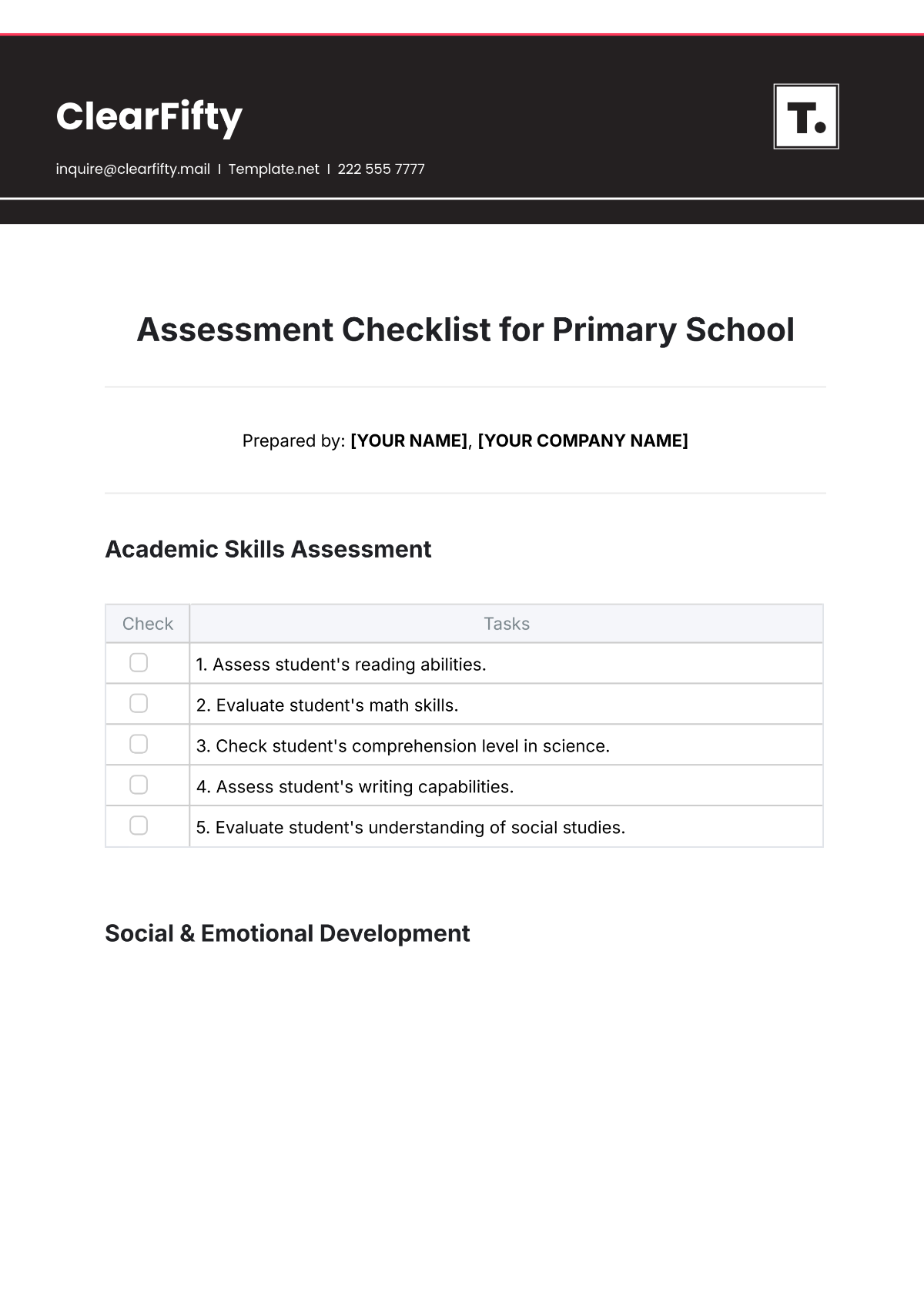 Free Assessment Checklist for Primary School Template