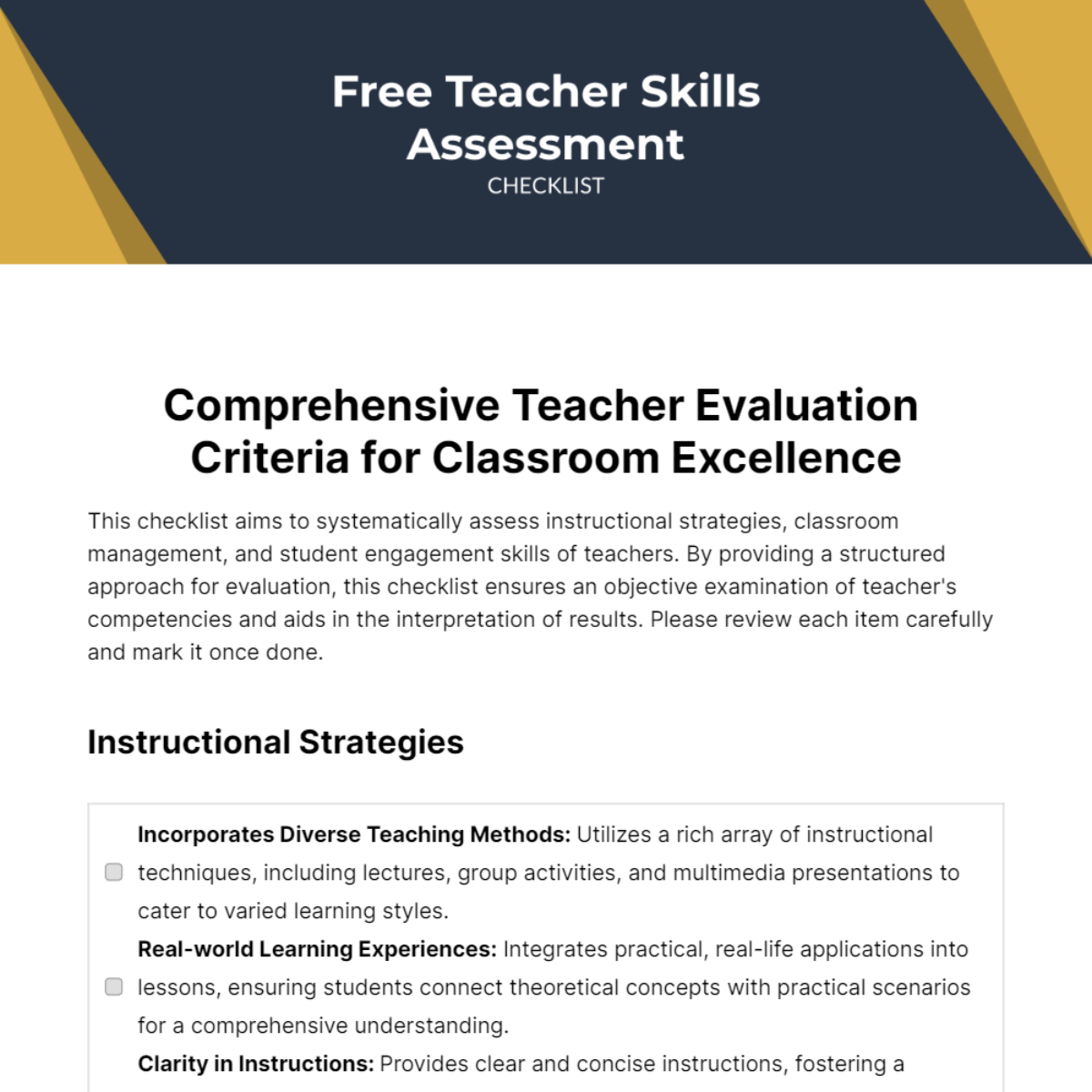 Teacher Skills Assessment Checklist Template