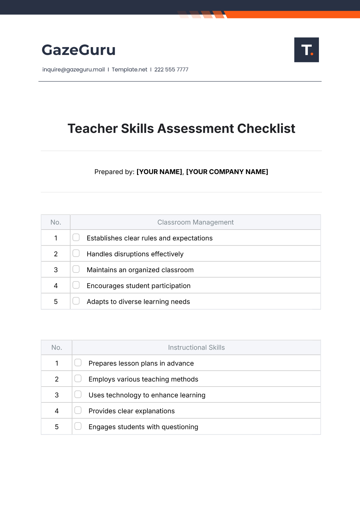 Free Teacher Skills Assessment Checklist Template