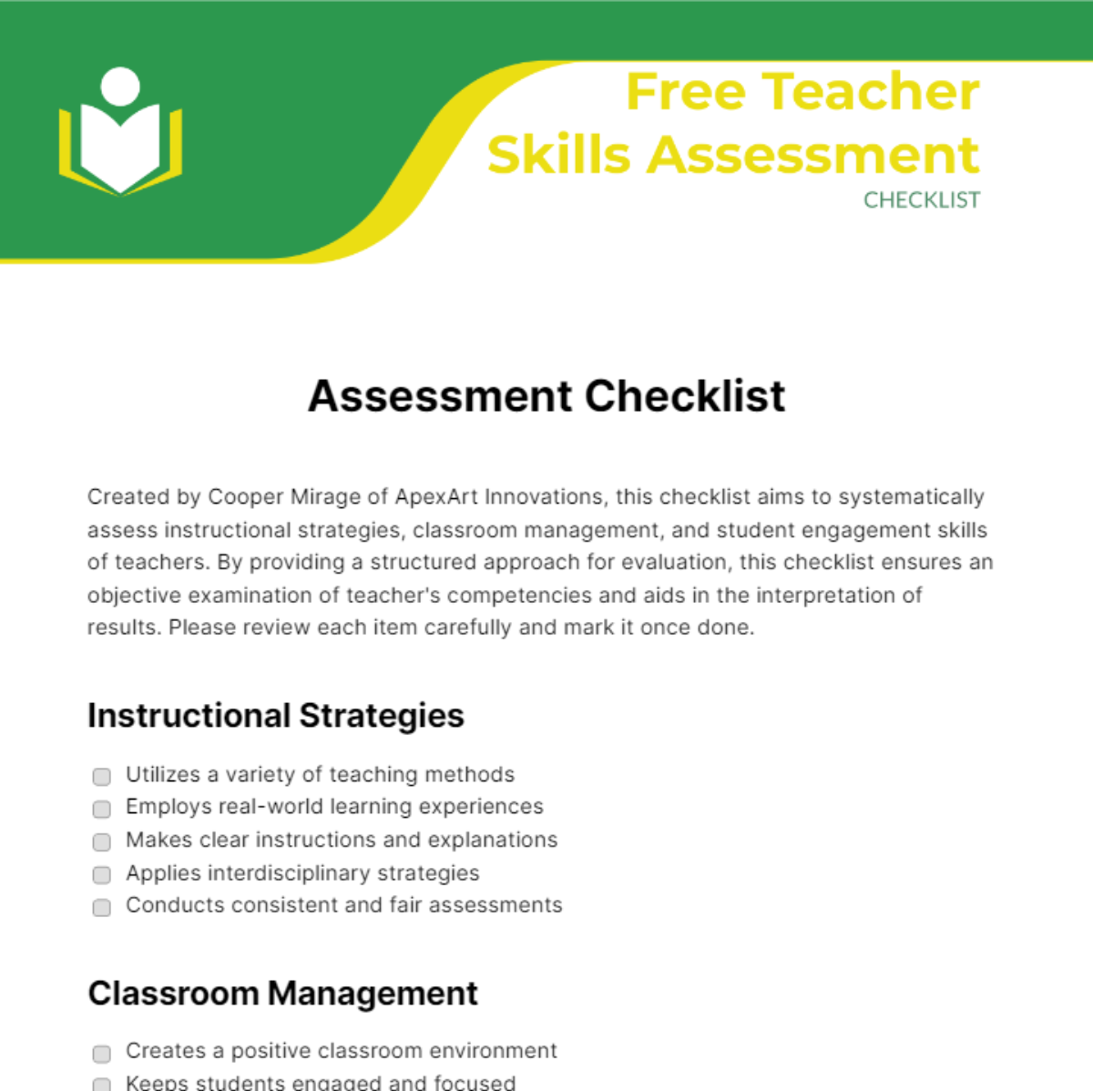 Free Teacher Skills Assessment Checklist - Edit Online & Download ...