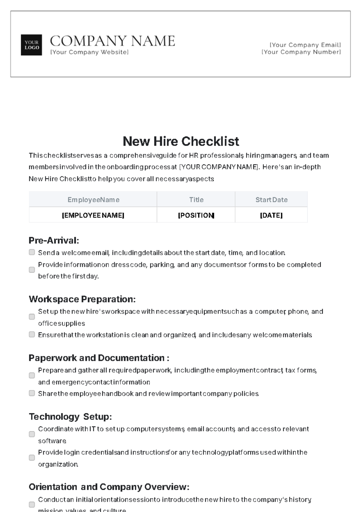 Professional New Hire Checklist Template - Edit Online & Download