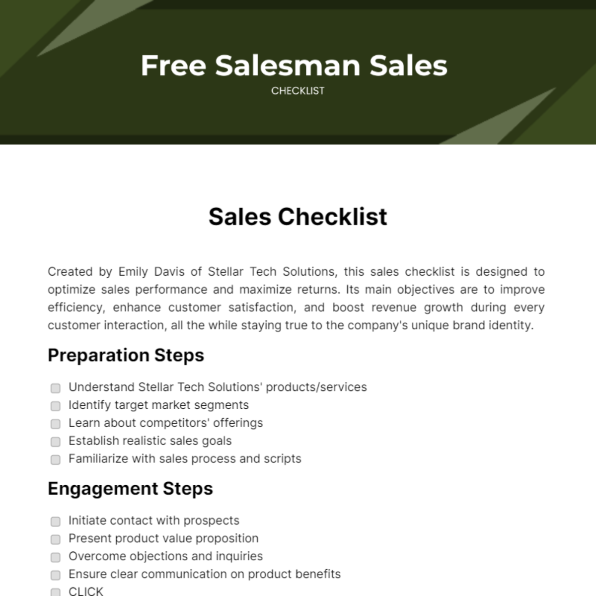 Salesman Sales Checklist Template